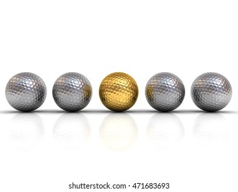 Gold Golf Ball Among Silver Golf Balls Stand Out From The Crowd Concept Isolated On White Background With Shadow And Reflection. 3D Rendering.