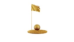Gold Golf Ball On Little Gold Grass Field And Golden Flag Isolated On White 3D Rendering