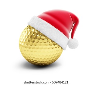 Gold Golf Ball Sant Hat On A White Background 3d Illustrations