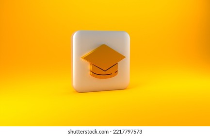 Gold Graduation Cap Icon Isolated On Yellow Background. Graduation Hat With Tassel Icon. Silver Square Button. 3D Render Illustration.