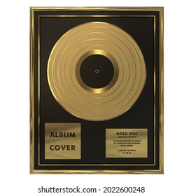 Gold gramma disc limited edition. Gold Vinyl or CD Prize Award with blank label. Gold LP in gold frame. 3D illustration. 3D render. 