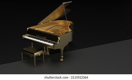 Gold grand piano on black-gray surface background. 3D illustration. 3D CG. 3D high quality rendering.