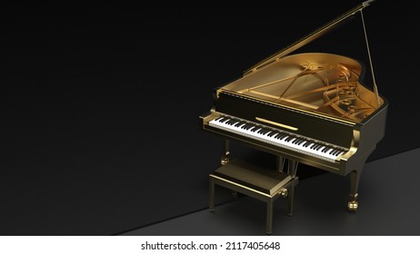 Gold grand piano on black-gray surface background. 3D illustration. 3D CG. 3D high quality rendering.