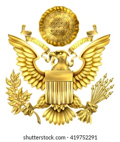 Gold Great Seal of the United States American eagle design with bald eagle holding an olive branch and arrows with American flag shield. With E pluribus unum scroll  and stars glory over his head.