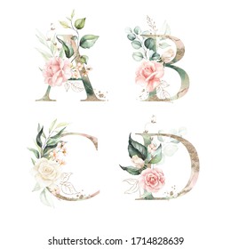 Gold Green Floral Alphabet Set Collection - letters A, B, C, D with peach pink white gold botanic flower branch bouquets composition. Wedding invitations, baby shower, birthday, other concept ideas.