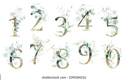 Gold Green Floral Number Set - digits 1, 2, 3, 4, 5, 6, 7, 8, 9, 0 with green leaves, botanic branch bouquet composition. Unique collection for wedding invites decoration & other concept ideas.