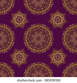 Gold grid on a purple background. Seamless pattern with golden elements.