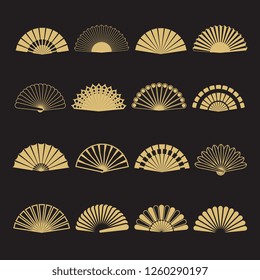 Gold Hand Fan Icons. Hand Fan Isolated On Black Background