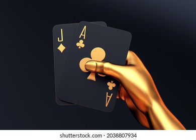 gold hand luxury casino cards poker balckjack baccarat and chips gold dice 3d render 3d rendering illustration 