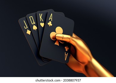 gold hand luxury casino cards poker blackjack baccarat and chips gold dice 3d render 3d rendering illustration 