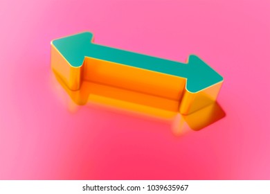 Gold Horizontal Arrows Icon On Candy Style Pink Background With Focus. 3D Illustration Of Arrows, Bi Directional, Horizontal, Pass Icons For Presentation.