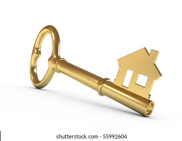 Gold House Key Isolated On White. 3d Illustration.