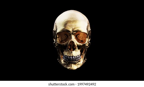 Gold Human Female Skull With Silver Teeth And Black Background Medical Anatomical And Jaw Bone 3d Illustration Render