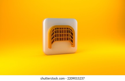 Gold Ice Hockey Goal With Net For Goalkeeper Icon Isolated On Yellow Background. Silver Square Button. 3D Render Illustration.