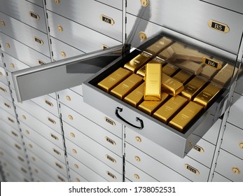 Gold Ingots Inside Private Bank Deposit Box. 3D Illustration.