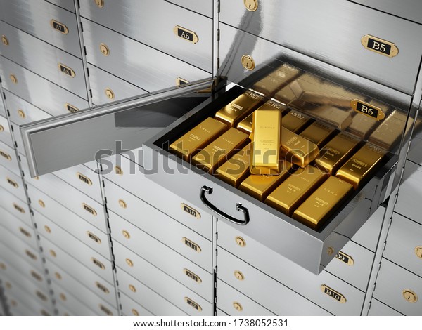 Gold ingots inside private bank deposit\
box. 3D\
illustration.
