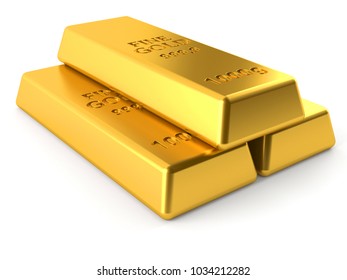 Gold ingots isolated on white background. 3d illustration