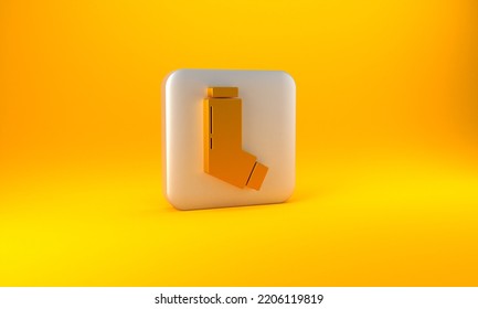 Gold Inhaler Icon Isolated On Yellow Background. Breather For Cough Relief, Inhalation, Allergic Patient. Medical Allergy Asthma Inhaler Spray. Silver Square Button. 3D Render Illustration.