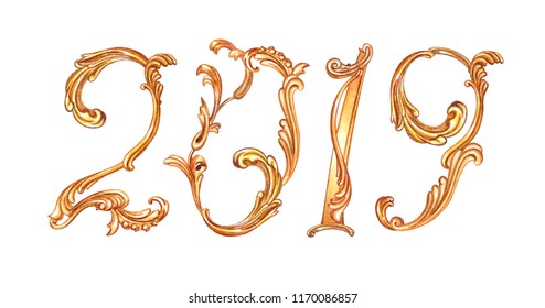 Gold inscription "2019" from a baroque pattern, watercolor drawing on a white background, isolated. - Shutterstock ID 1170086857