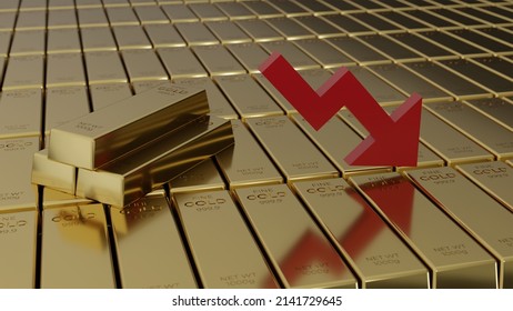 gold investment gold bullion with down arrow showing gold price falling 3D Render Illustration