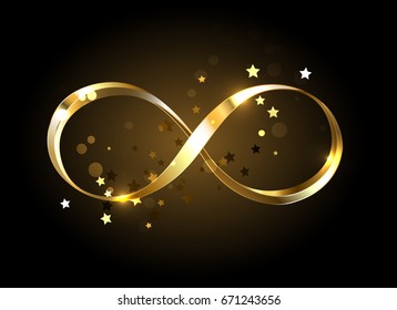 Gold, Jewelry Infinity Symbol With Gold Stars On Black Background.