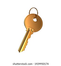 Gold Key With Ring Isolated On White Background. 3d Render Illustration