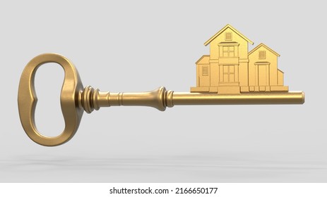 Gold Key Success Concept. Housing Sign With Golden Key. House Key. 3d Illustration