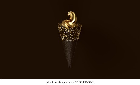 Gold Leaf Ice Cream with Black Icing and Gold Sprinkles 3d illustration - Powered by Shutterstock