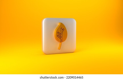 Gold Leaf Icon Isolated On Yellow Background. Leaves Sign. Fresh Natural Product Symbol. Silver Square Button. 3D Render Illustration.