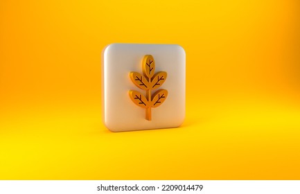 Gold Leaf Icon Isolated On Yellow Background. Leaves Sign. Fresh Natural Product Symbol. Silver Square Button. 3D Render Illustration.