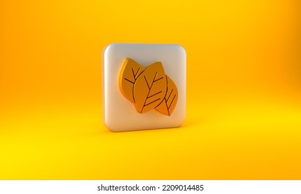 Gold Leaf Icon Isolated On Yellow Background. Leaves Sign. Fresh Natural Product Symbol. Silver Square Button. 3D Render Illustration.