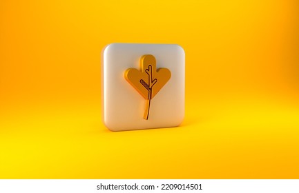 Gold Leaf Icon Isolated On Yellow Background. Leaves Sign. Fresh Natural Product Symbol. Silver Square Button. 3D Render Illustration.