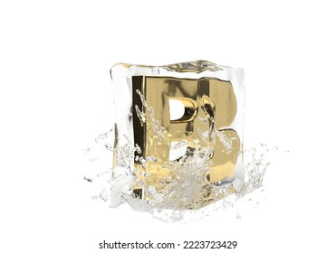 Gold Letter B In Cube Of Melting Ice And Drop Water On Isolated Background. Idea For Winter Splash Banner. 3d Rendering