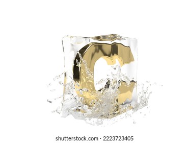 Gold Letter C In Cube Of Melting Ice And Drop Water On Isolated Background. Idea For Winter Splash Banner. 3d Rendering