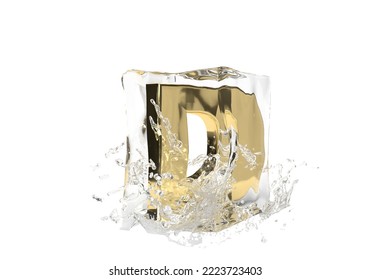 Gold Letter D In Cube Of Melting Ice And Drop Water On Isolated Background. Idea For Winter Splash Banner. 3d Rendering