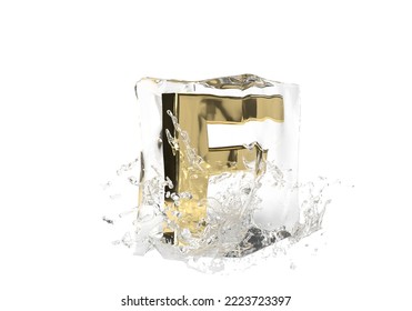 Gold Letter F In Cube Of Melting Ice And Drop Water On Isolated Background. Idea For Winter Splash Banner. 3d Rendering