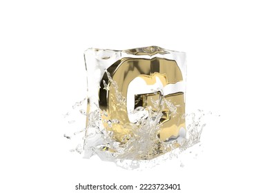 Gold Letter G In Cube Of Melting Ice And Drop Water On Isolated Background. Idea For Winter Splash Banner. 3d Rendering