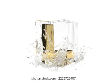 Gold Letter L In Cube Of Melting Ice And Drop Water On Isolated Background. Idea For Winter Splash Banner. 3d Rendering