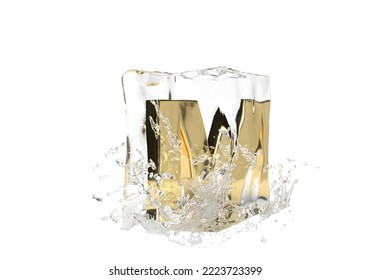 Gold Letter M In Cube Of Melting Ice And Drop Water On Isolated Background. Idea For Winter Splash Banner. 3d Rendering