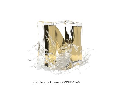 Gold Letter N In Cube Of Melting Ice And Drop Water On Isolated Background. Idea For Winter Splash Banner. 3d Rendering