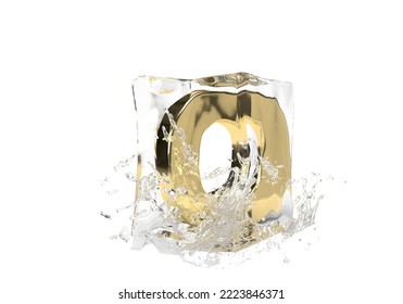 Gold Letter O In Cube Of Melting Ice And Drop Water On Isolated Background. Idea For Winter Splash Banner. 3d Rendering