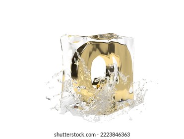 Gold Letter Q In Cube Of Melting Ice And Drop Water On Isolated Background. Idea For Winter Splash Banner. 3d Rendering