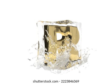 Gold Letter R In Cube Of Melting Ice And Drop Water On Isolated Background. Idea For Winter Splash Banner. 3d Rendering