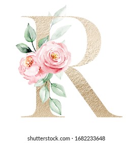 Gold Letter R Watercolor Flowers Leaves Stock Illustration Shutterstock