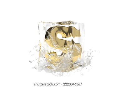 Gold Letter S In Cube Of Melting Ice And Drop Water On Isolated Background. Idea For Winter Splash Banner. 3d Rendering