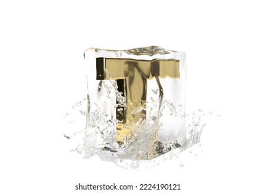 Gold Letter T In Cube Of Melting Ice And Drop Water On Isolated Background. Idea For Winter Splash Banner. 3d Rendering