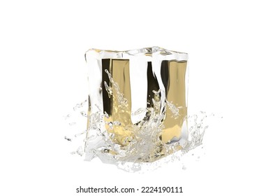 Gold Letter U In Cube Of Melting Ice And Drop Water On Isolated Background. Idea For Winter Splash Banner. 3d Rendering