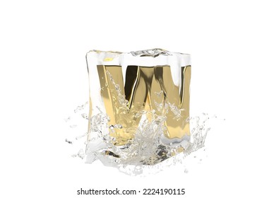 Gold Letter W In Cube Of Melting Ice And Drop Water On Isolated Background. Idea For Winter Splash Banner. 3d Rendering