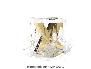 Gold Letter X In Cube Of Melting Ice And Drop Water On Isolated Background. Idea For Winter Splash Banner. 3d Rendering