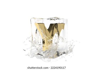 Gold Letter Y In Cube Of Melting Ice And Drop Water On Isolated Background. Idea For Winter Splash Banner. 3d Rendering